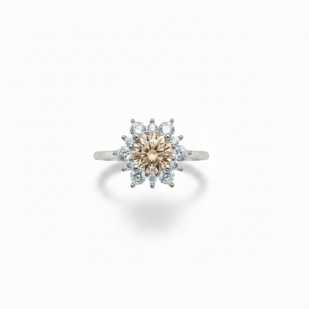Champagne Moissanite Ring - Floral Cluster with CZ Halo in Sterling Silver