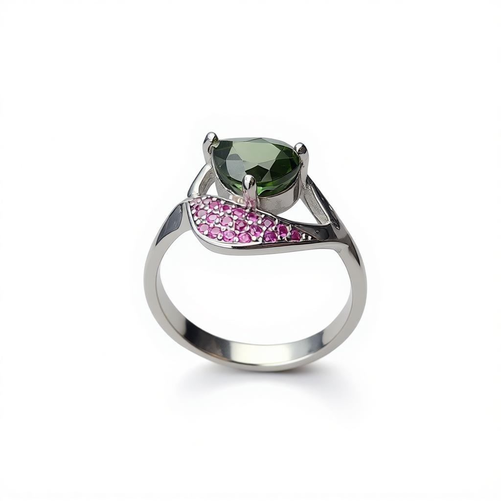 Natural Green Tourmaline Ring - Pear Cut Olive Green with Pink CZ Accents in Sterling Silver