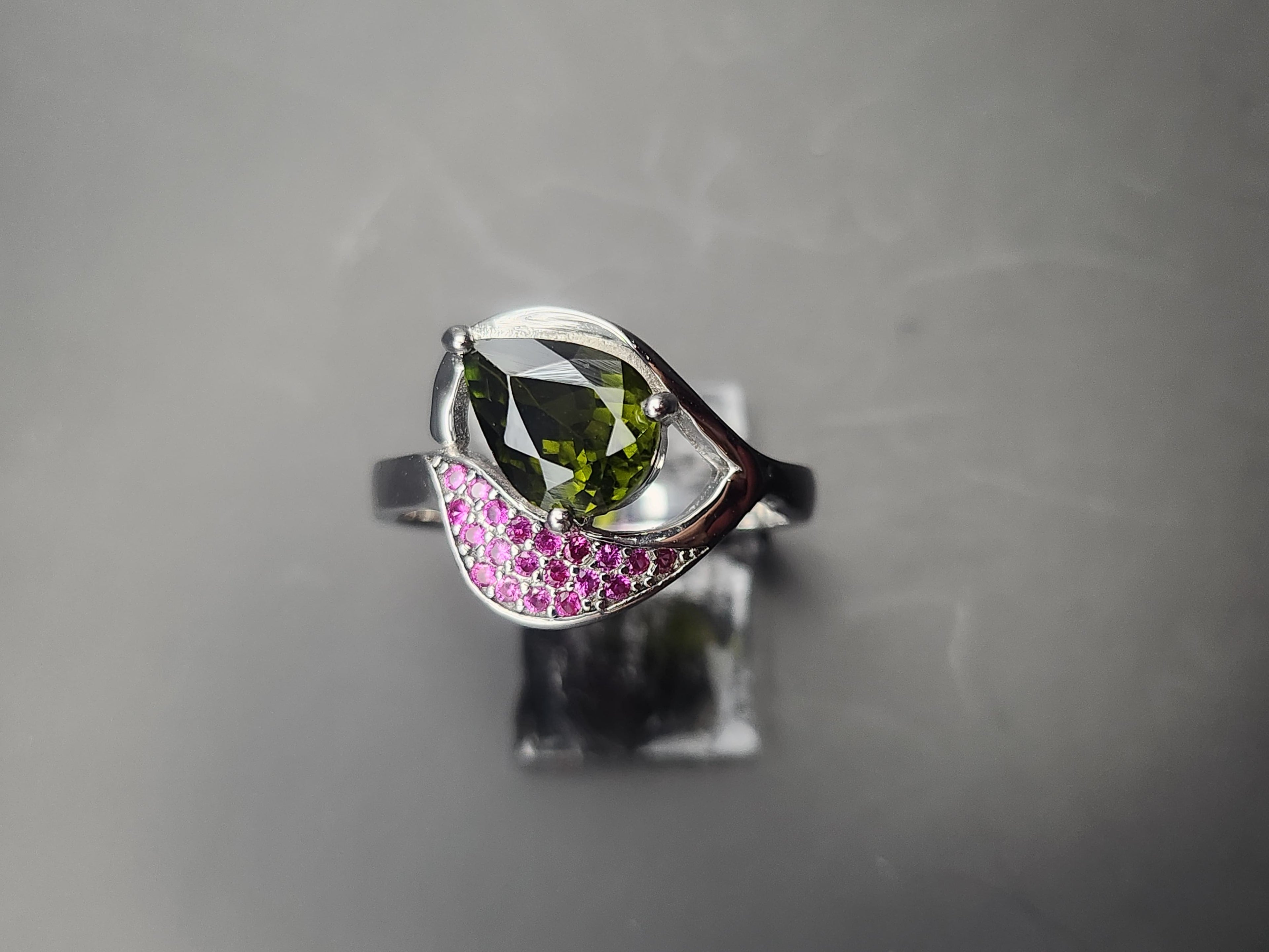 Natural Green Tourmaline Ring - Pear Cut Olive Green with Pink CZ Accents in Sterling Silver