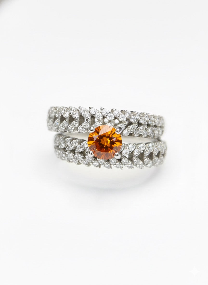 Golden Sunrise: Natural Orange Yellow Sapphire & CZ Pave Wrap 2-Ring Set in 925 Silver