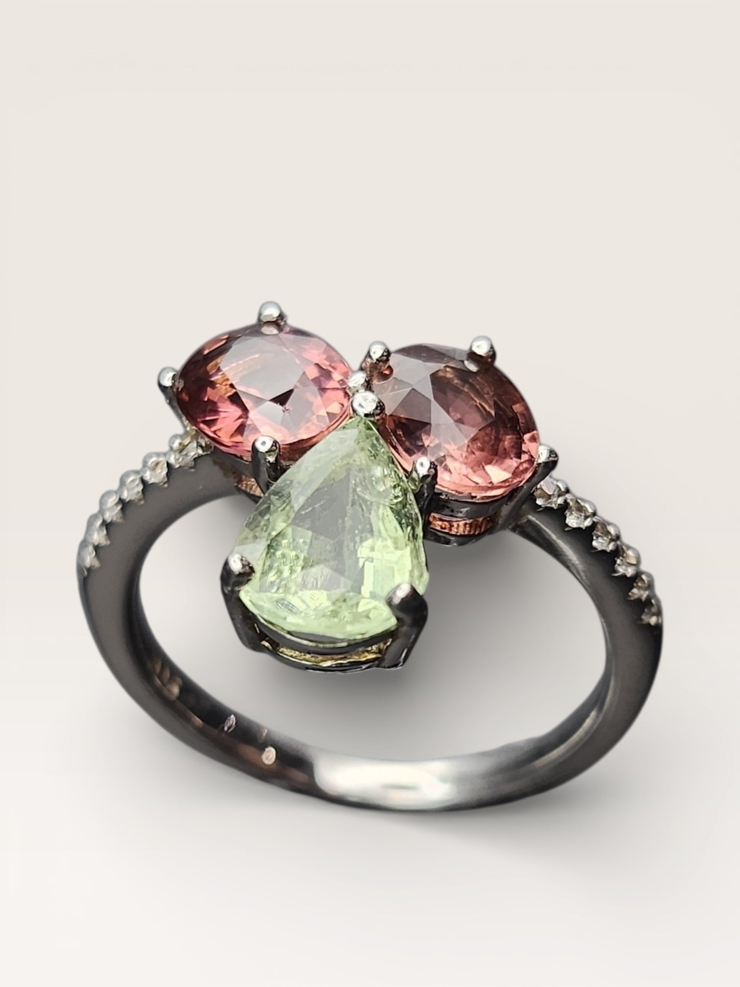 Natural Multi-Color Tourmaline Toi et Moi Ring - Pink and Green Pear/Oval Stones with CZ Accents in Sterling Silver