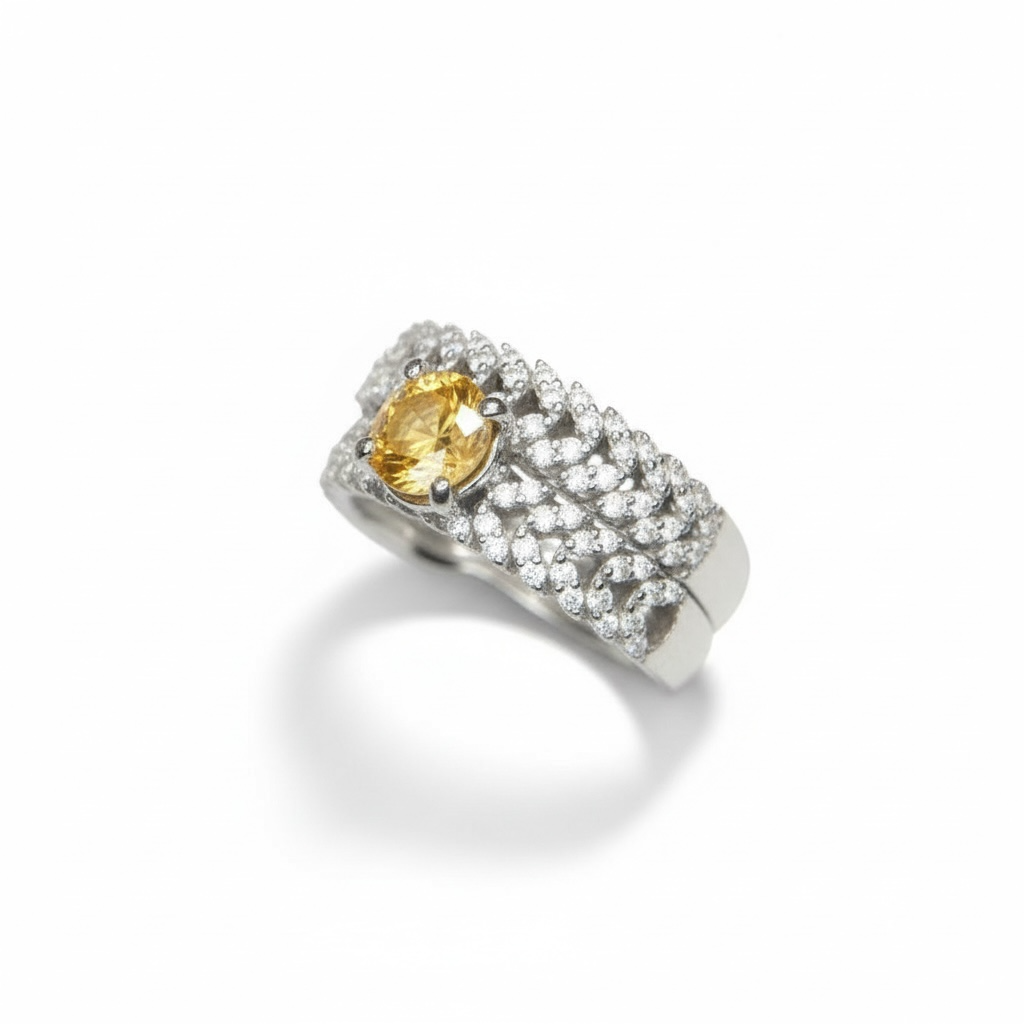 Golden Sunrise: Natural Orange Yellow Sapphire & CZ Pave Wrap 2-Ring Set in 925 Silver