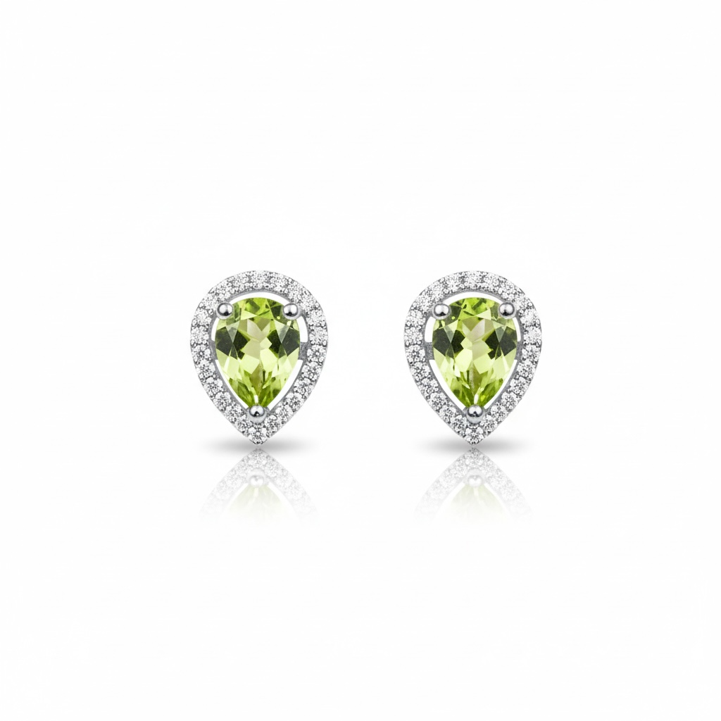 Vivid Sparkle: Natural Peridot Pear Halo Stud Earrings in 925 Silver with CZ Accents