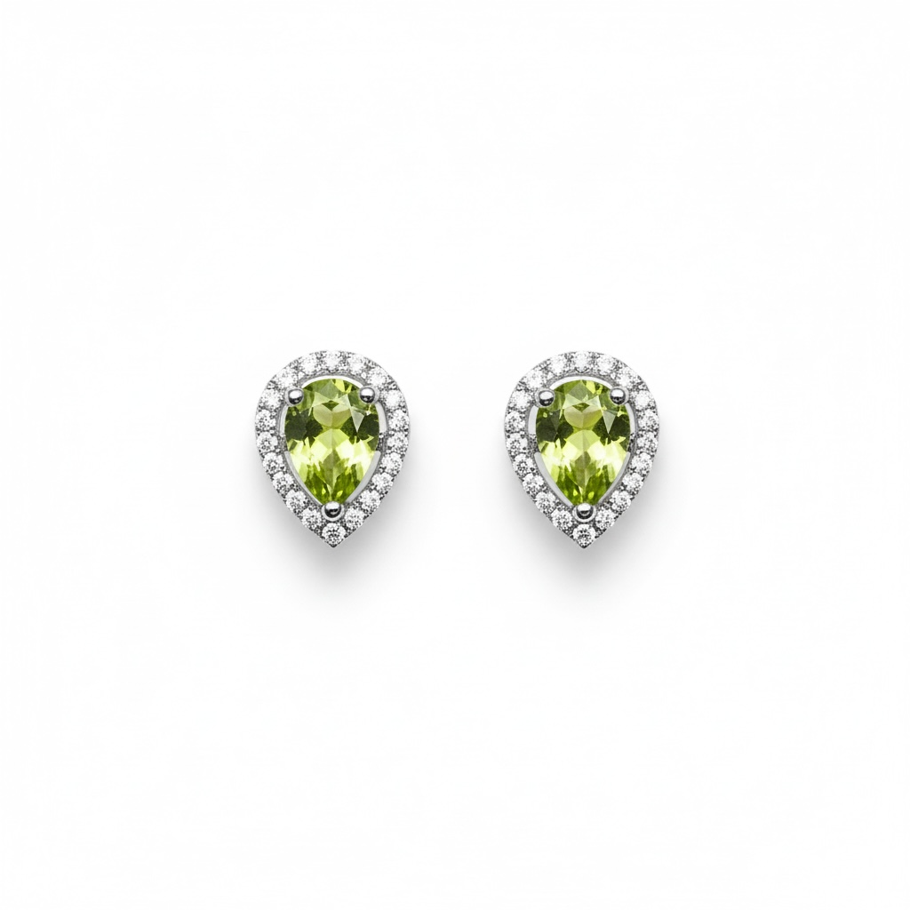 Vivid Sparkle: Natural Peridot Pear Halo Stud Earrings in 925 Silver with CZ Accents