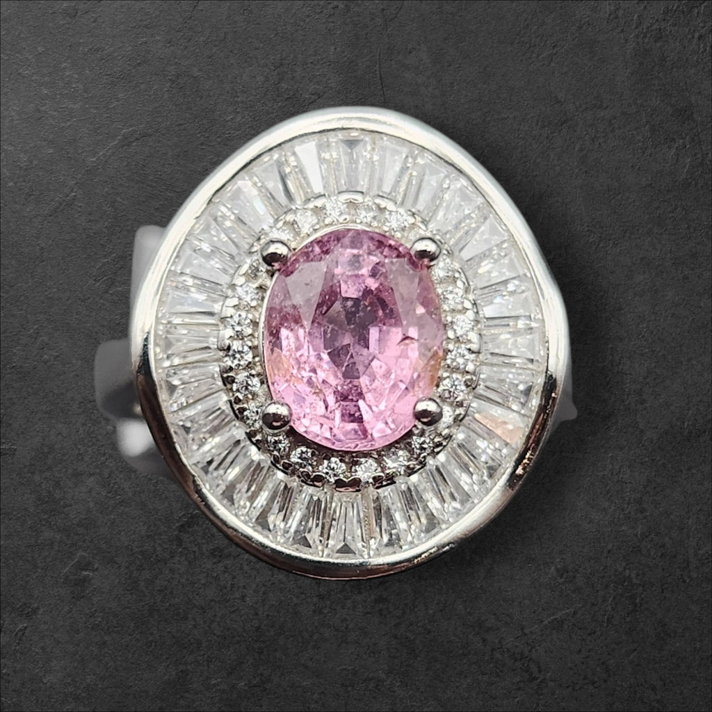 Natural Pink Tourmaline Ring - Oval Cut Soft Pink with CZ Baguette Halo in Sterling Silver