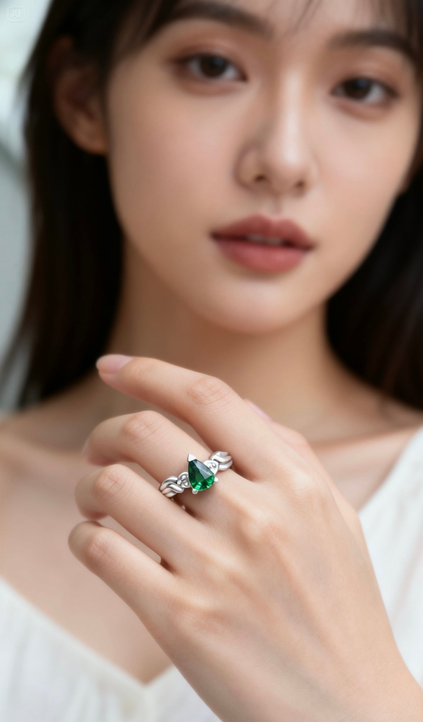 Natural Tsavorite Garnet Ring - Pear Cut Vivid Green in 18K White Gold
