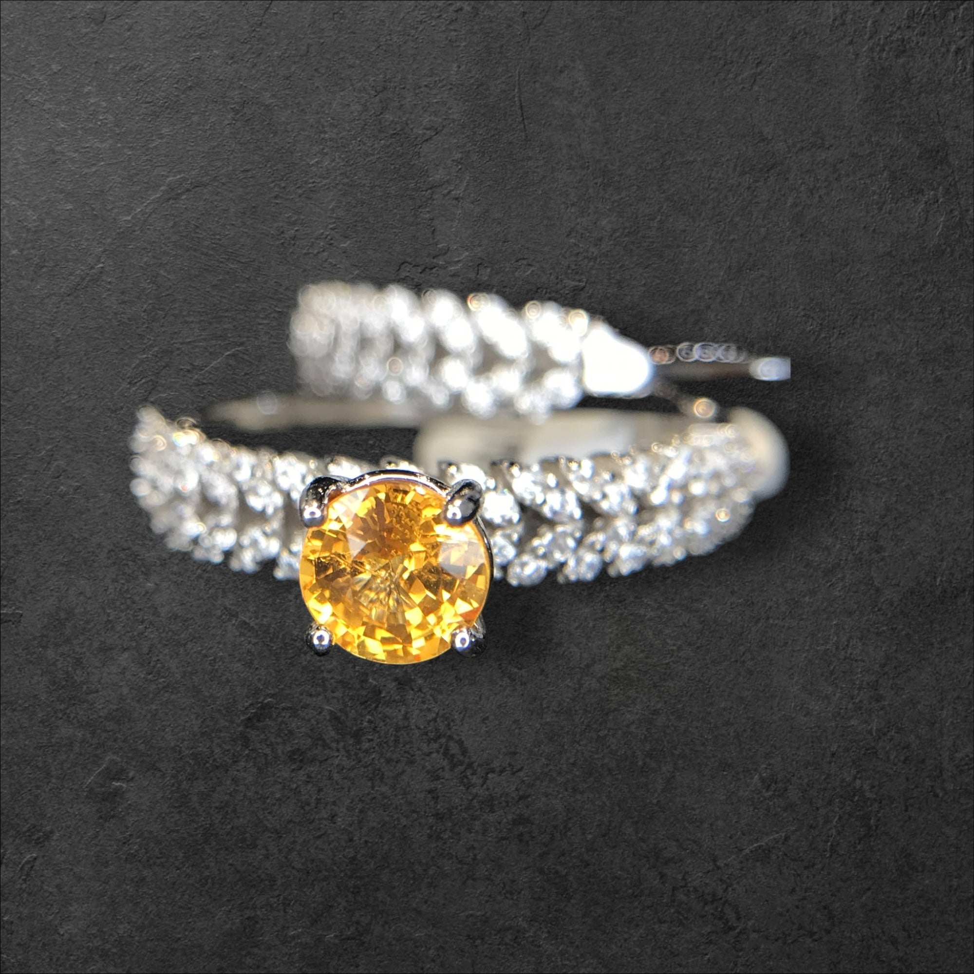 Golden Sunrise: Natural Orange Yellow Sapphire & CZ Pave Wrap 2-Ring Set in 925 Silver