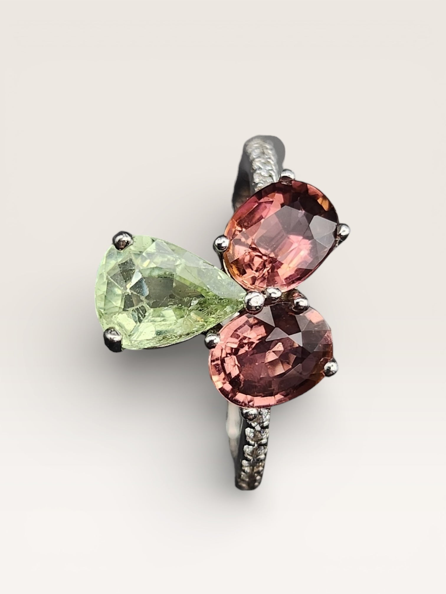 Natural Multi-Color Tourmaline Toi et Moi Ring - Pink and Green Pear/Oval Stones with CZ Accents in Sterling Silver