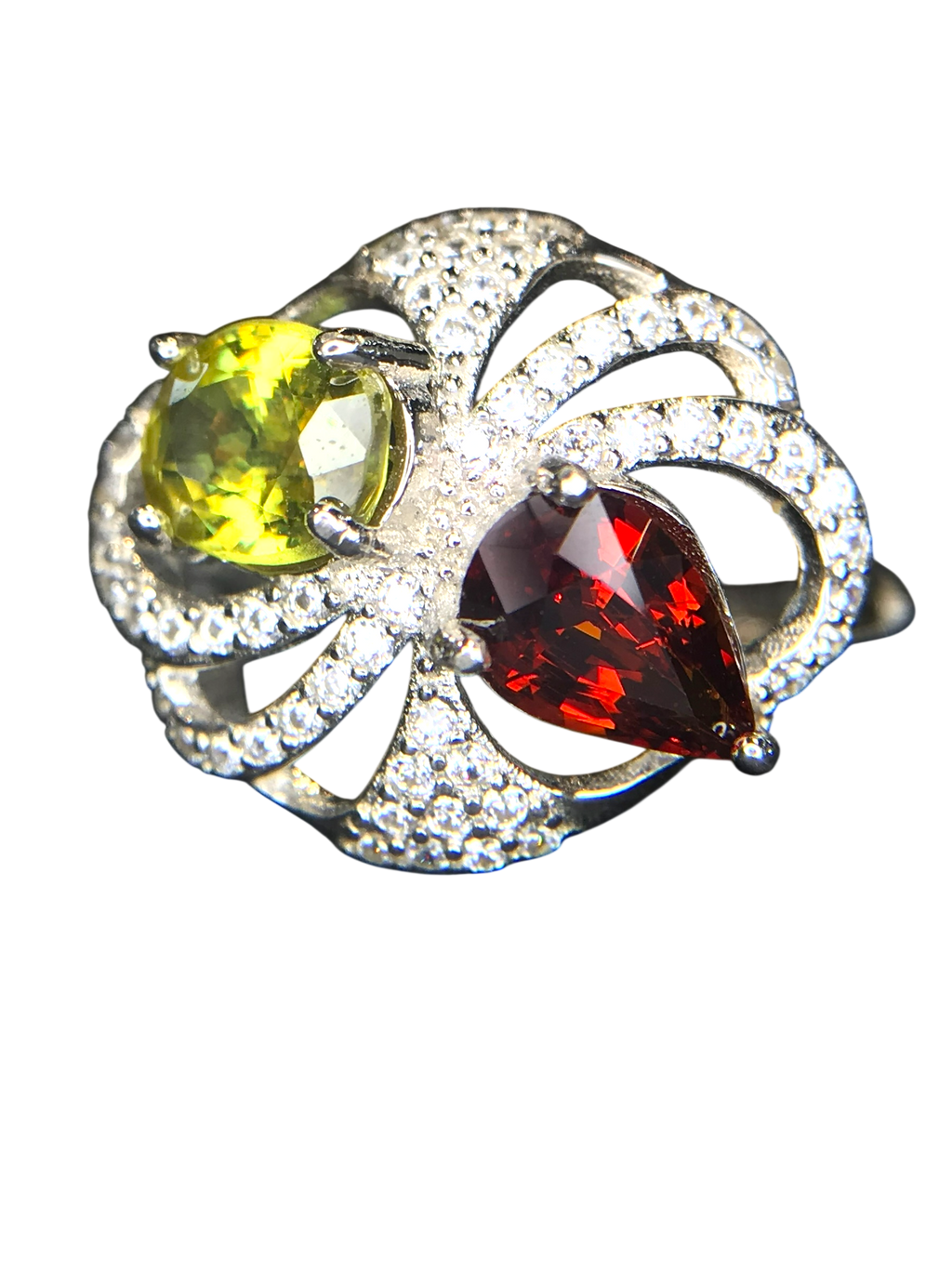 Fiery Duo: Sphene & Spessartite Garnet Cocktail Ring in 925 Silver with CZ Pavé