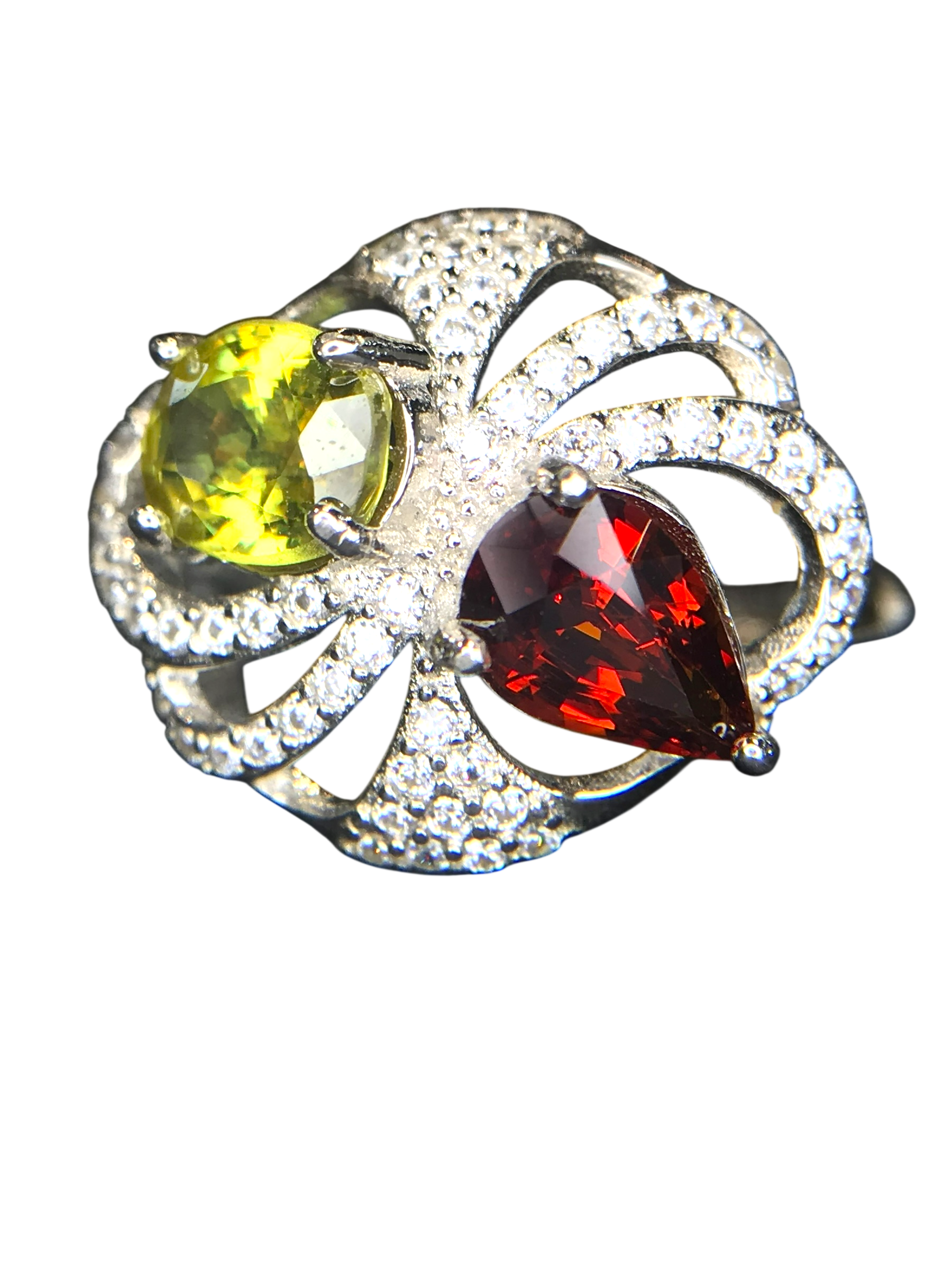Fiery Duo: Sphene & Spessartite Garnet Cocktail Ring in 925 Silver with CZ Pavé