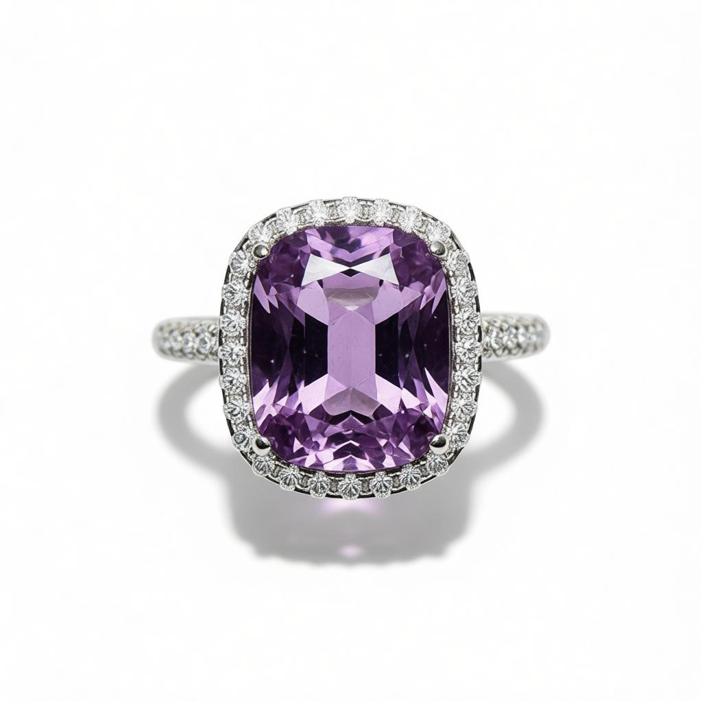 Natural Amethyst Ring - Cushion Cut Purple Gemstone with CZ Halo in Sterling Silver