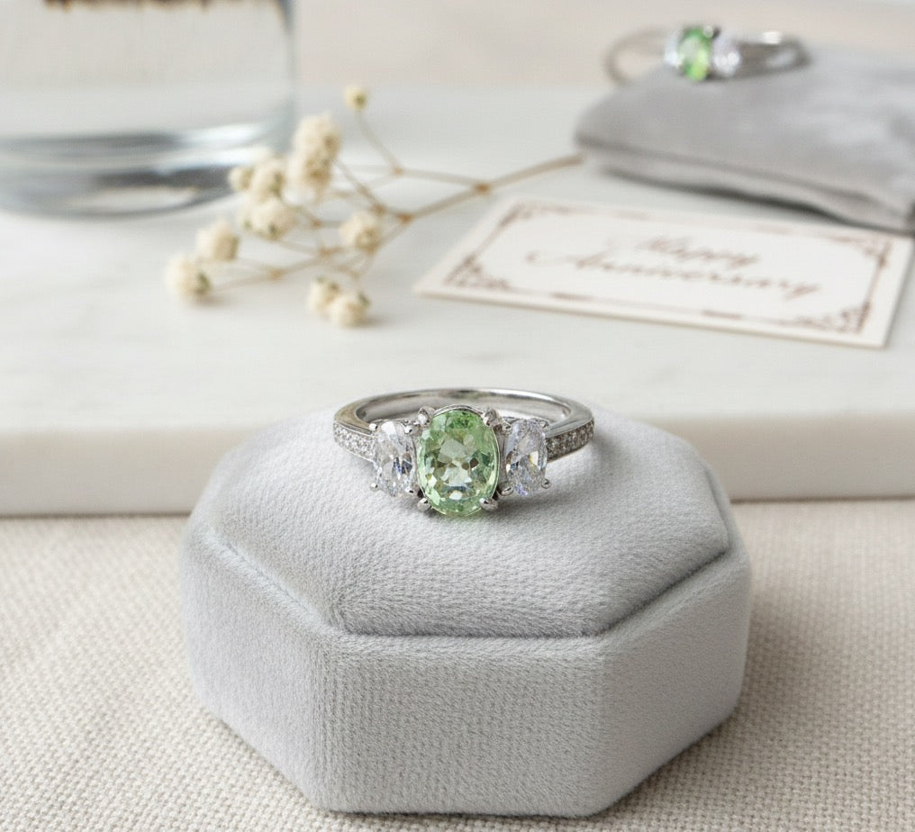 Pastel Elegance: Natural Green Tourmaline & CZ Three-Stone Ring in 925 Sterling Silver