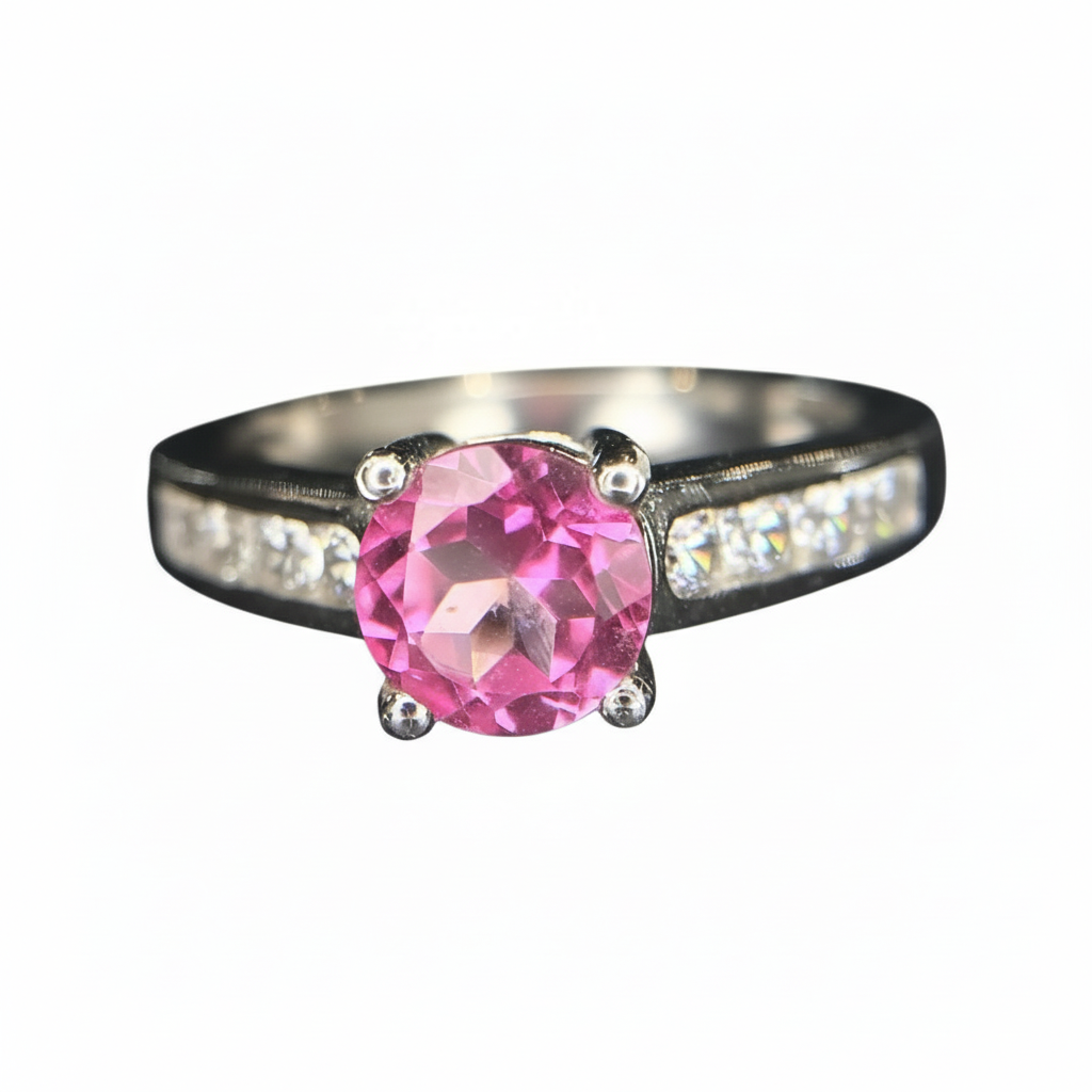 Vivid Pink: Natural Pink Topaz Solitaire Ring in 925 Silver with CZ Channel Accents