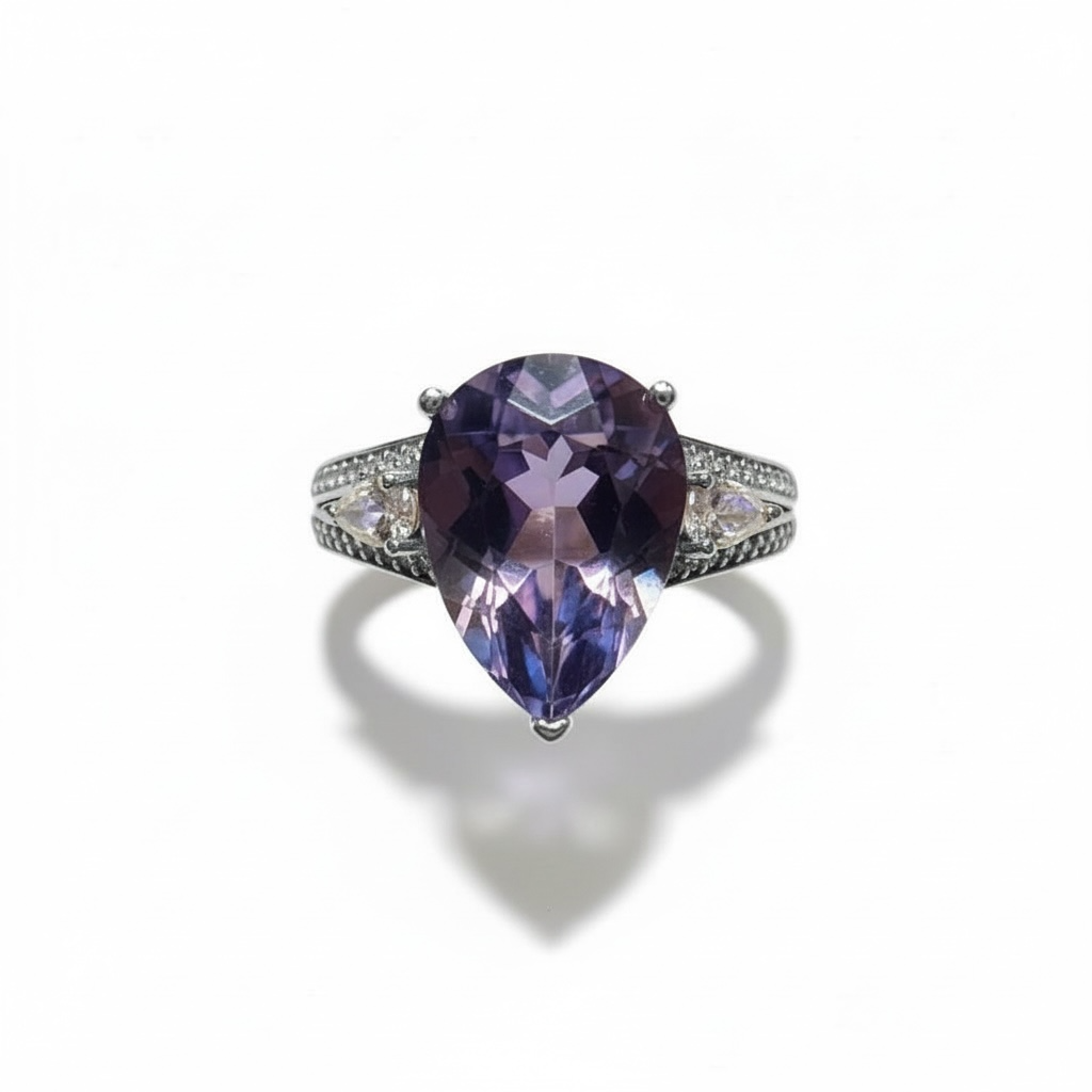 Mystic Color Shift: Natural Color Change Fluorite Ring in 925 Silver with CZ Accents