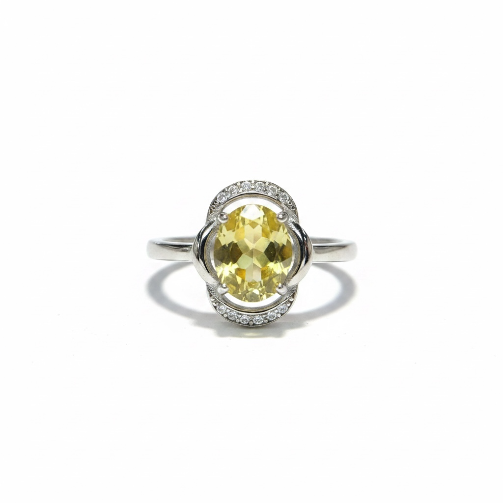 Natural Citrine Ring - Oval Golden Yellow with CZ Halo in Sterling Silver