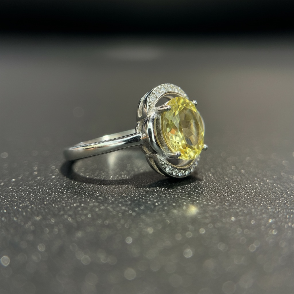 Silver ring with a yellow gemstone on a dark surface