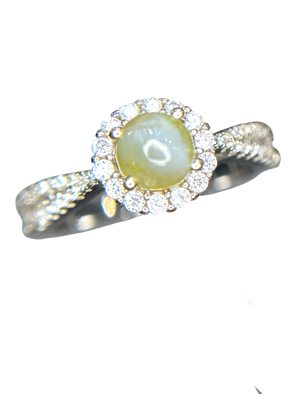 Mystic Gaze: Natural Chrysoberyl Cat's Eye Halo Ring in 925 Silver with CZ Pavé