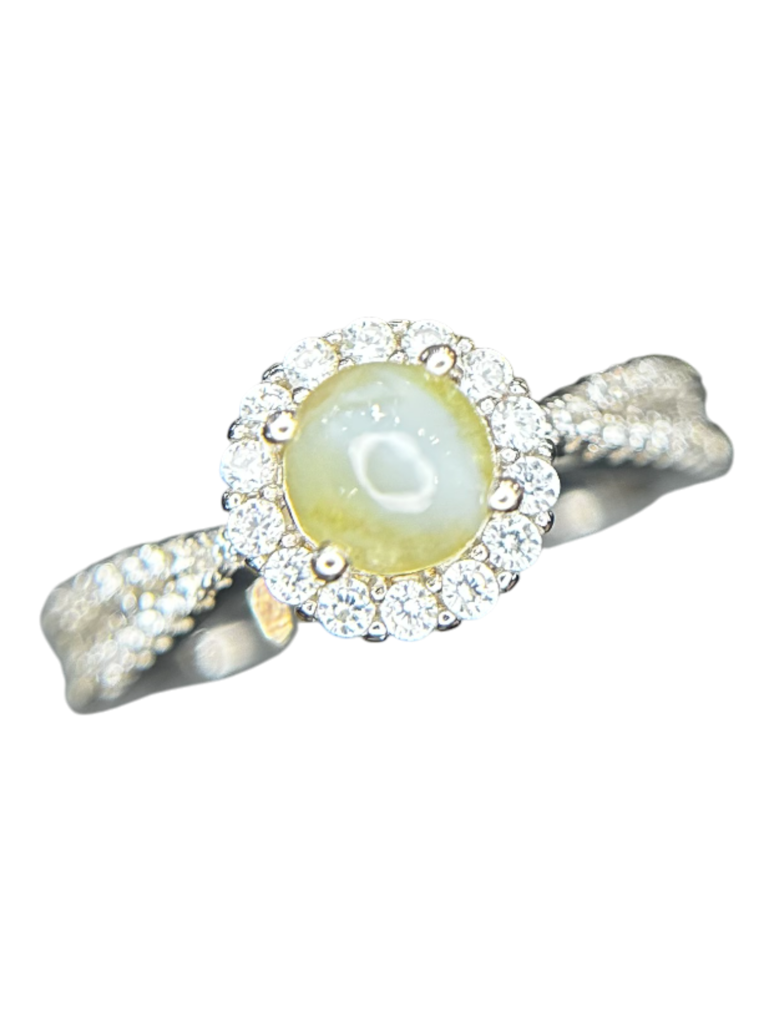 Mystic Gaze: Natural Chrysoberyl Cat's Eye Halo Ring in 925 Silver with CZ Pavé