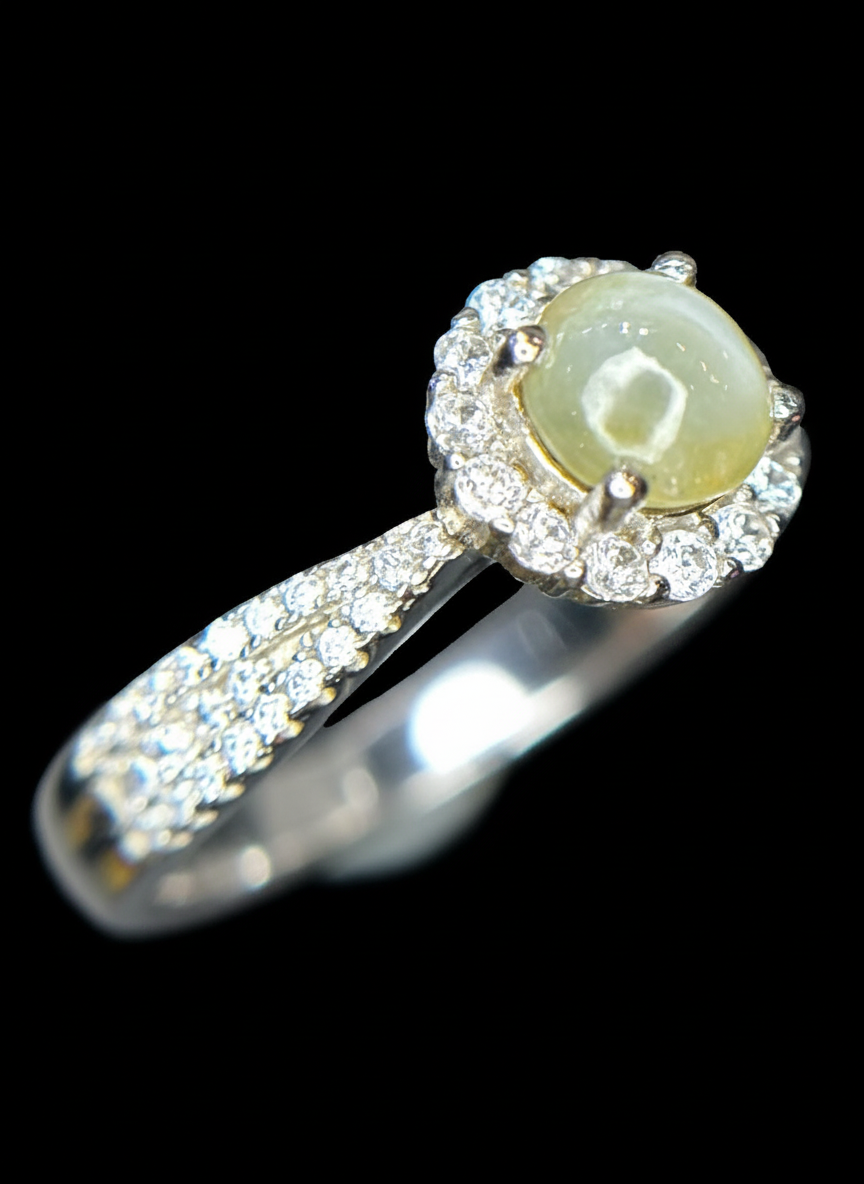 Mystic Gaze: Natural Chrysoberyl Cat's Eye Halo Ring in 925 Silver with CZ Pavé