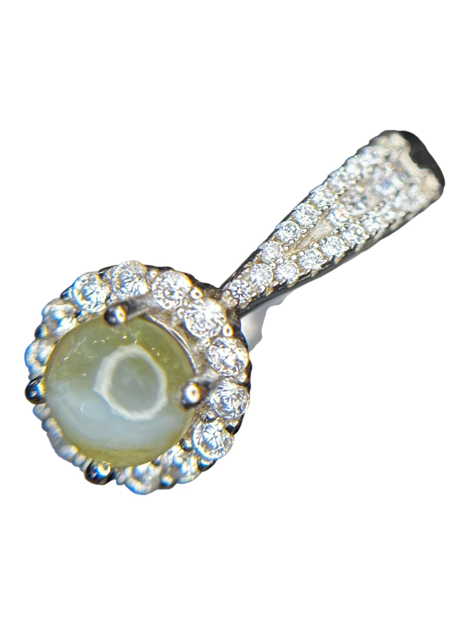 Mystic Gaze: Natural Chrysoberyl Cat's Eye Halo Ring in 925 Silver with CZ Pavé