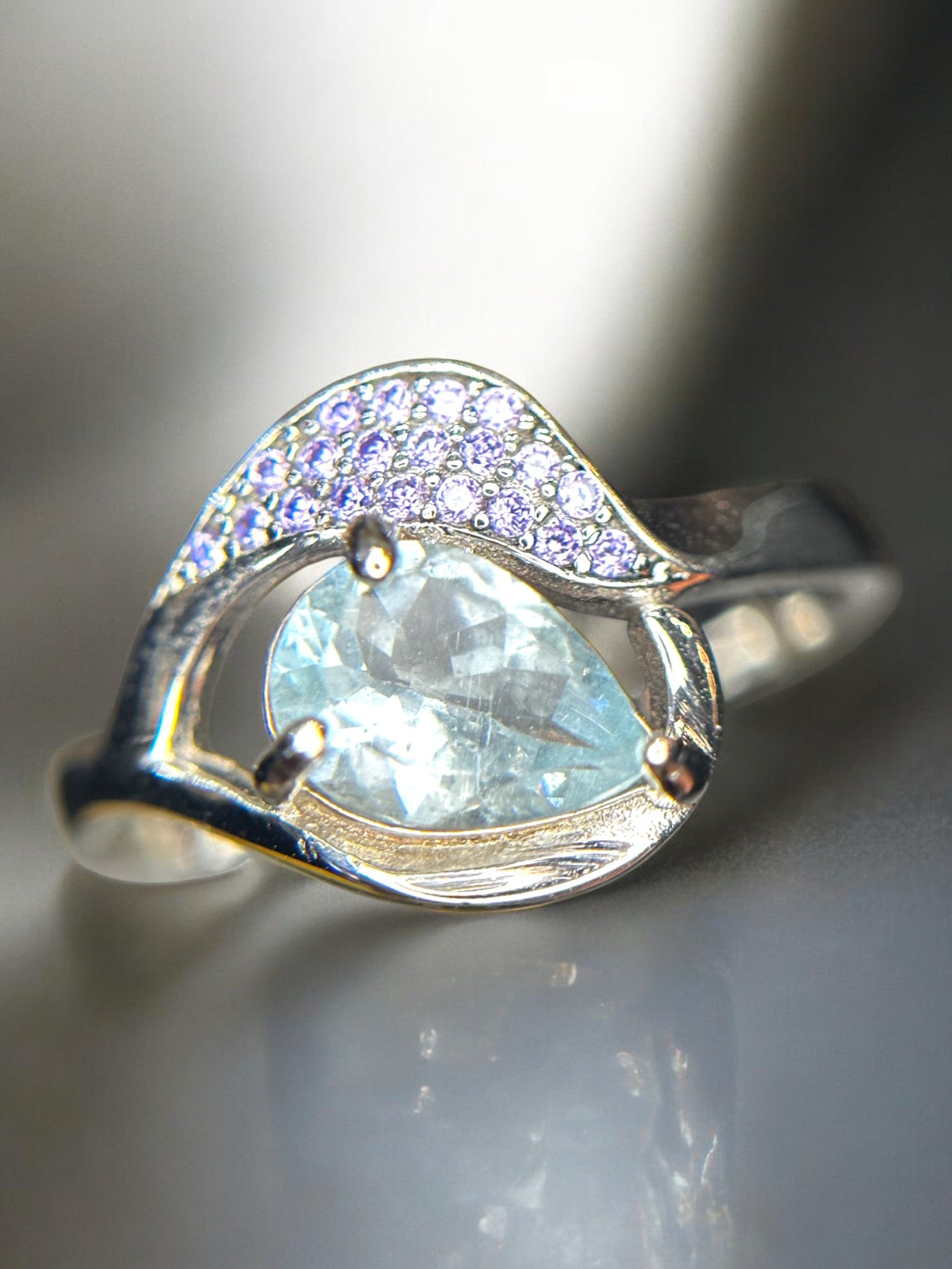 Ocean Serenity: Natural Aquamarine & CZ Accent Ring in Sterling Silver