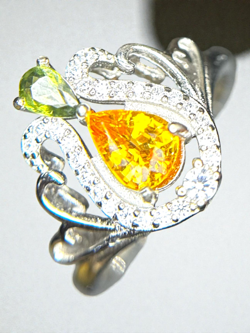 Designer Duo: Natural Yellow & Green Sapphire Cluster Ring in 925 Silver with CZ Pavé
