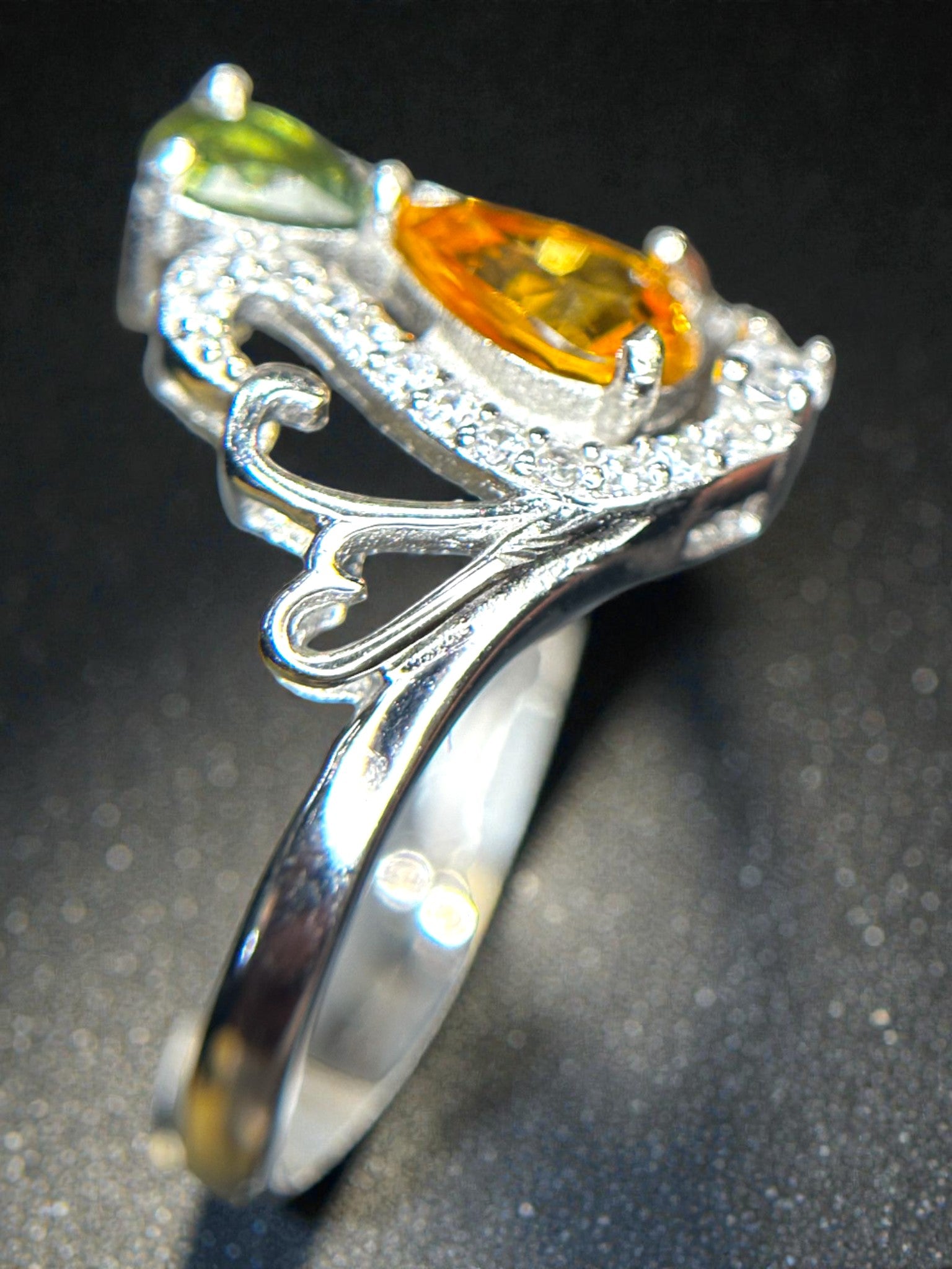 Designer Duo: Natural Yellow & Green Sapphire Cluster Ring in 925 Silver with CZ Pavé