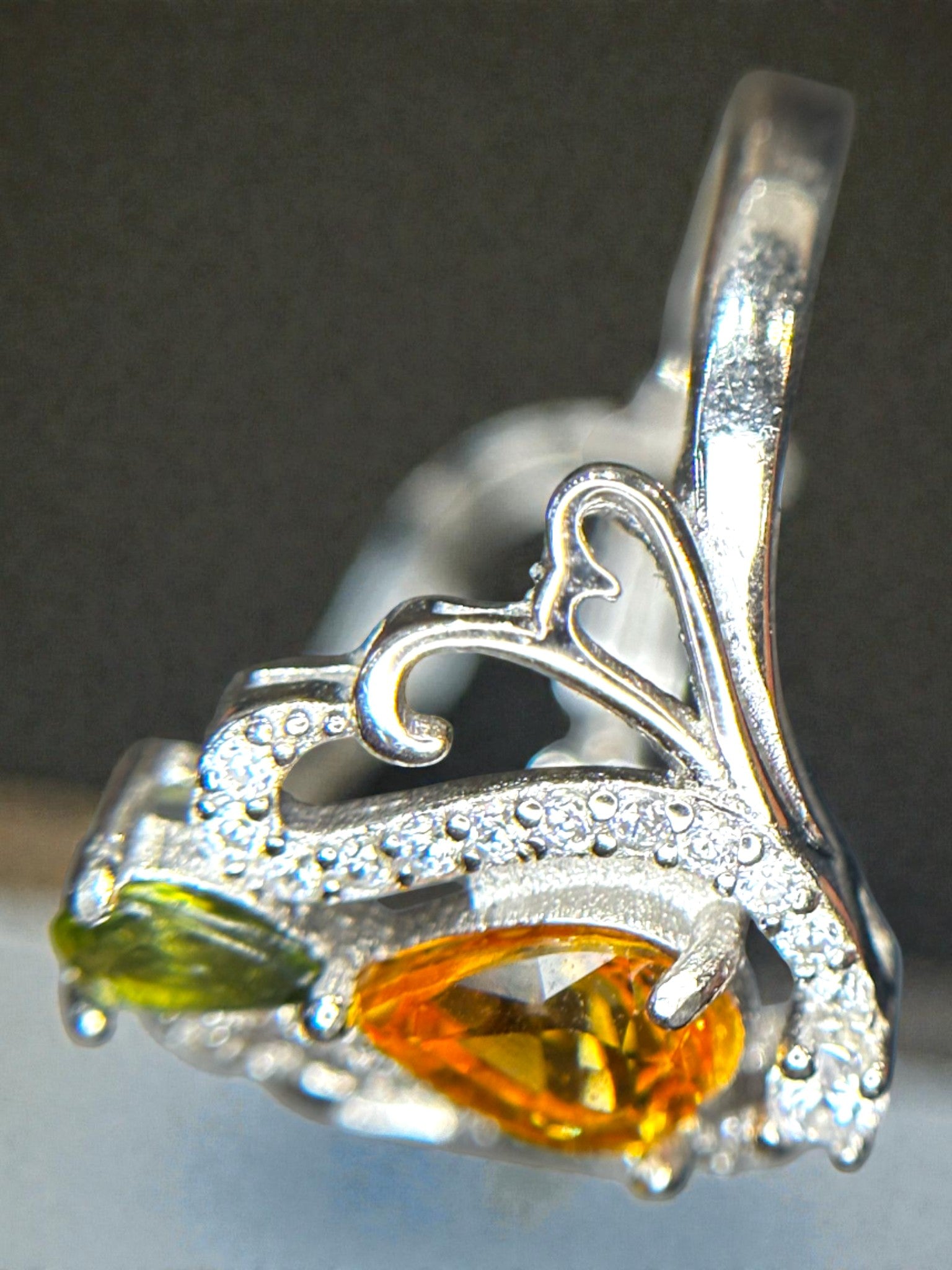 Designer Duo: Natural Yellow & Green Sapphire Cluster Ring in 925 Silver with CZ Pavé