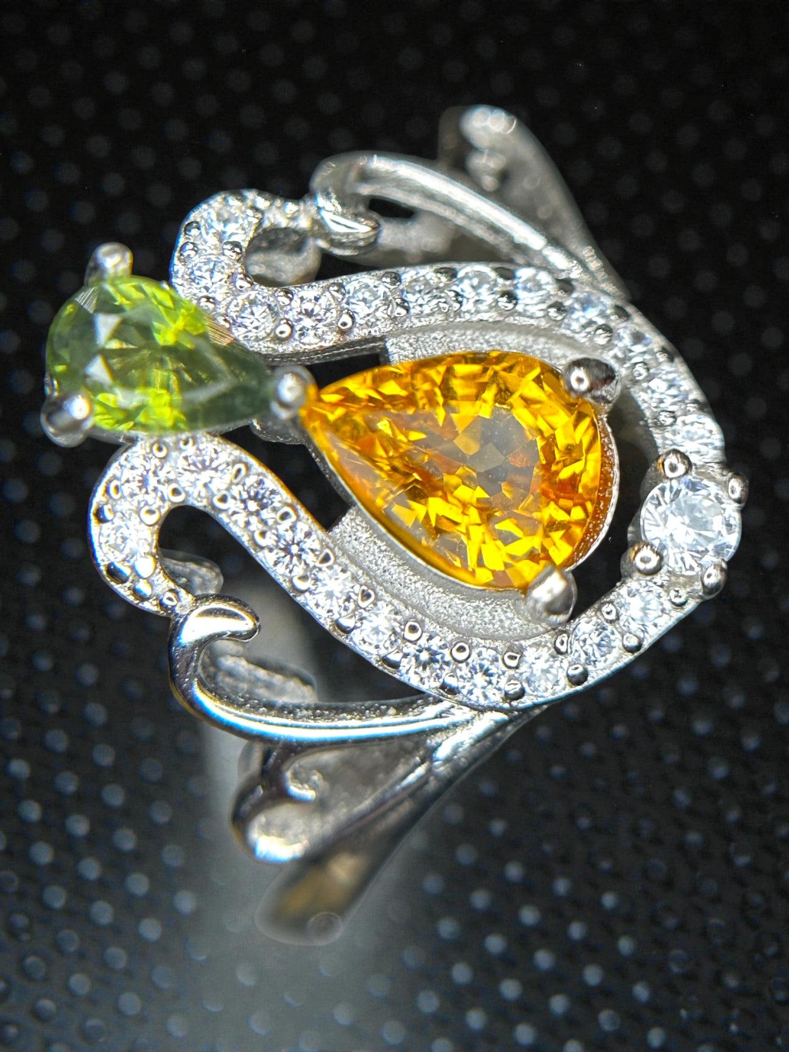 Designer Duo: Natural Yellow & Green Sapphire Cluster Ring in 925 Silver with CZ Pavé