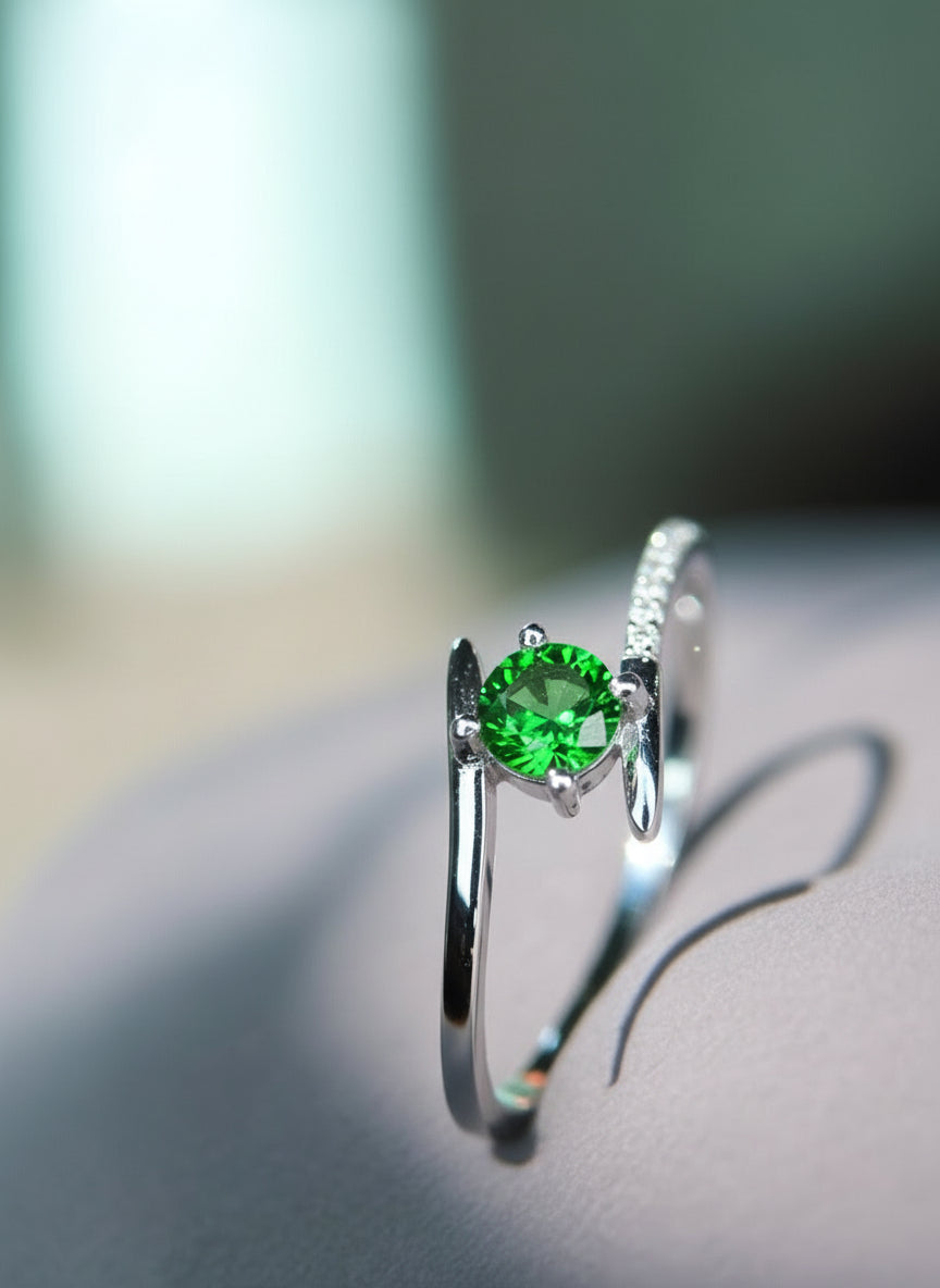 Vivid Swirl: Natural Green Tourmaline & CZ Bypass Ring in 925 Sterling Silver