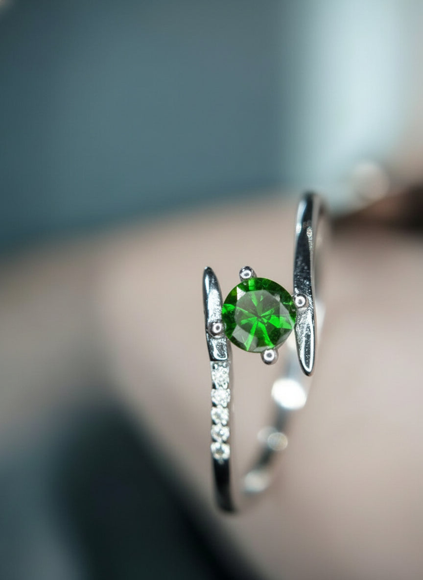 Vivid Swirl: Natural Green Tourmaline & CZ Bypass Ring in 925 Sterling Silver