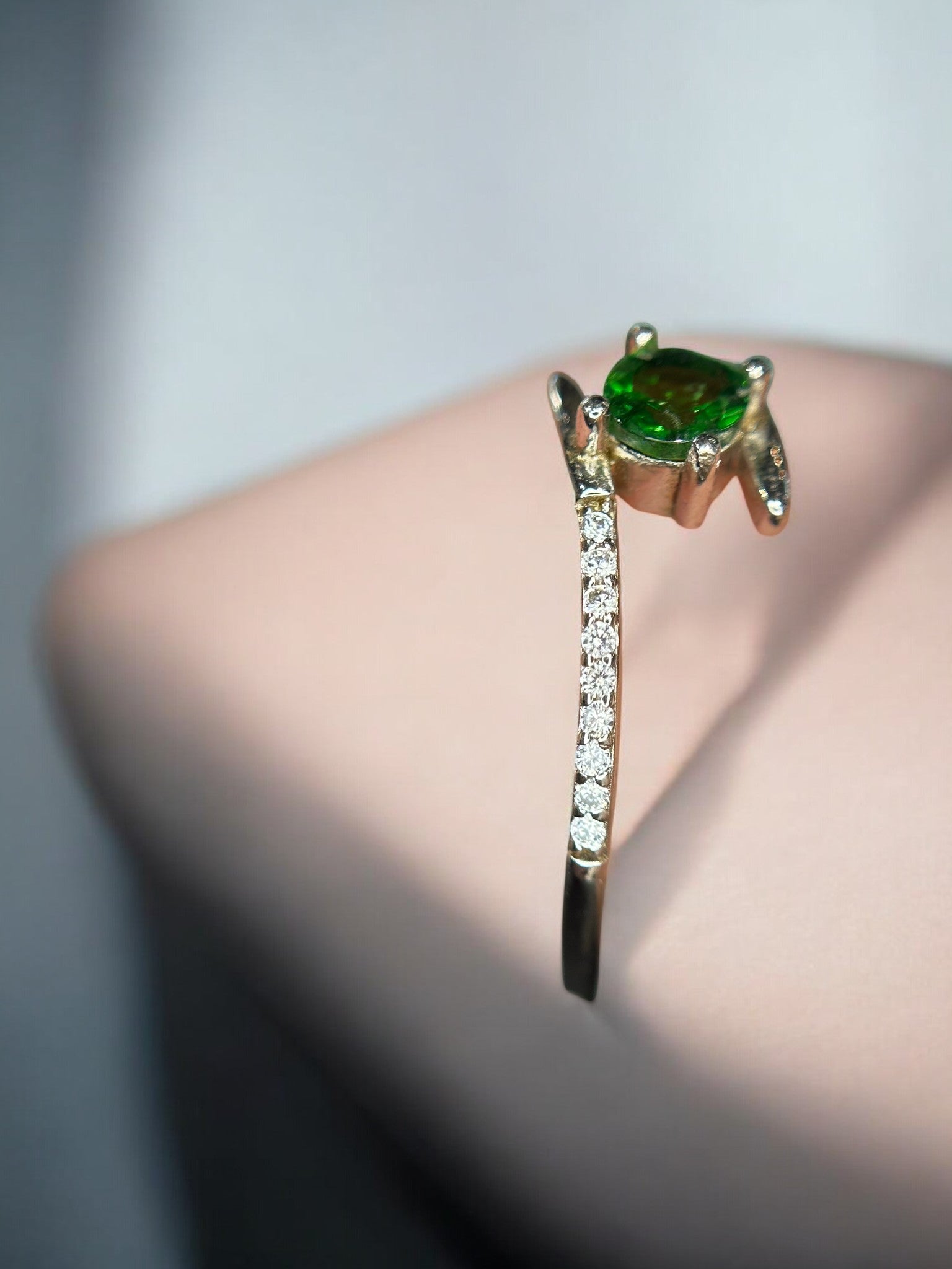 Vivid Swirl: Natural Green Tourmaline & CZ Bypass Ring in 925 Sterling Silver