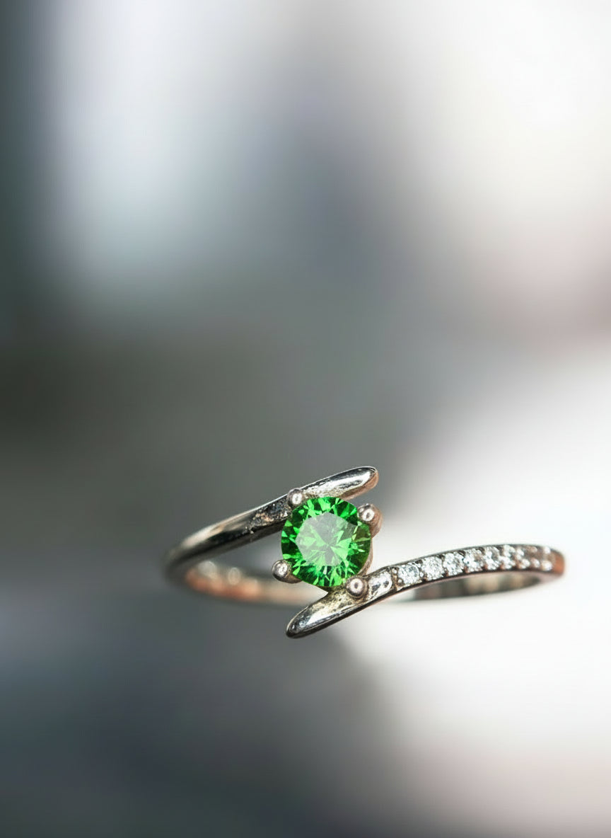 Vivid Swirl: Natural Green Tourmaline & CZ Bypass Ring in 925 Sterling Silver