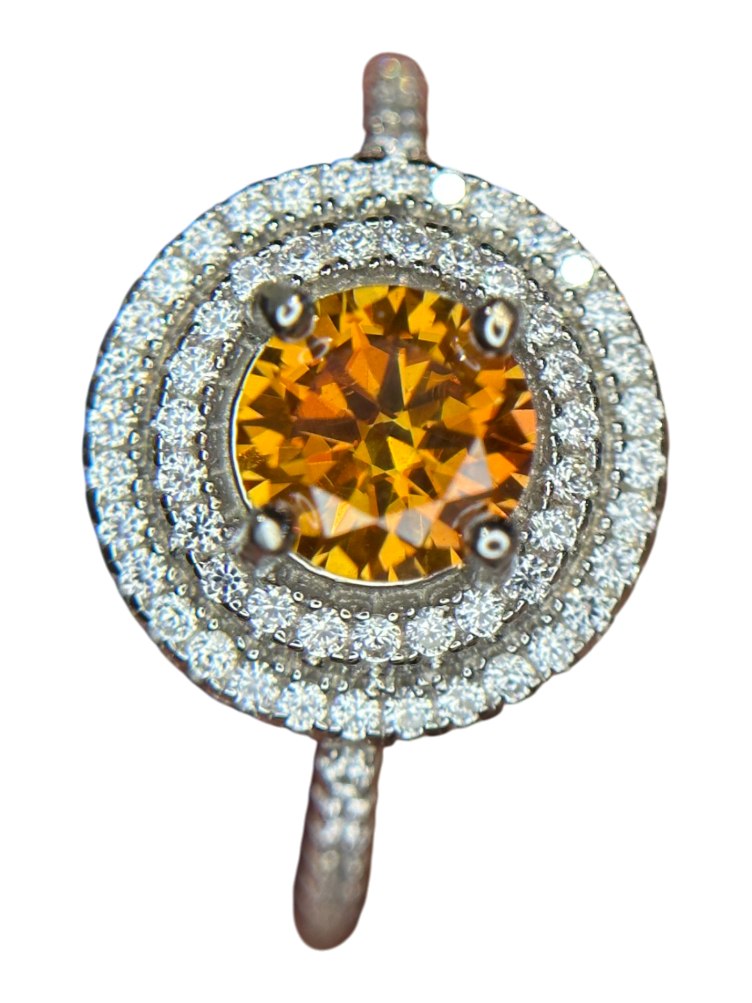Fiery Halo: Orange Moissanite Double Halo Ring in 925 Silver