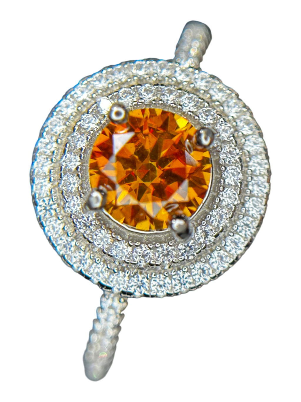 Fiery Halo: Orange Moissanite Double Halo Ring in 925 Silver