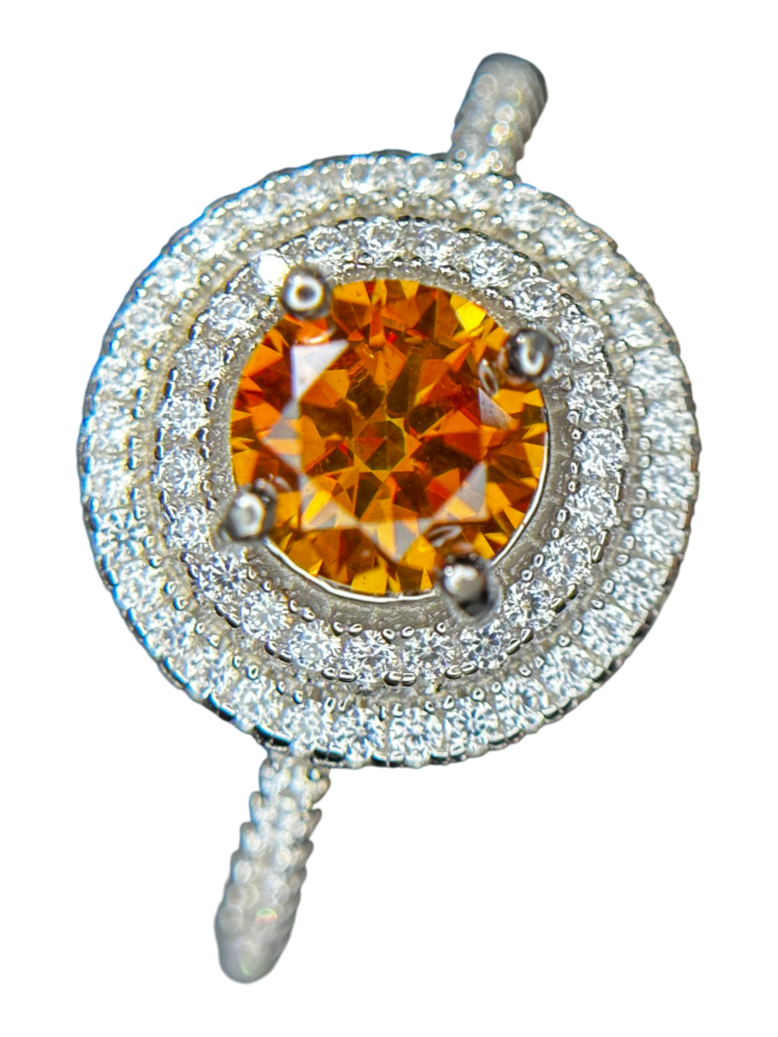 Fiery Halo: Orange Moissanite Double Halo Ring in 925 Silver