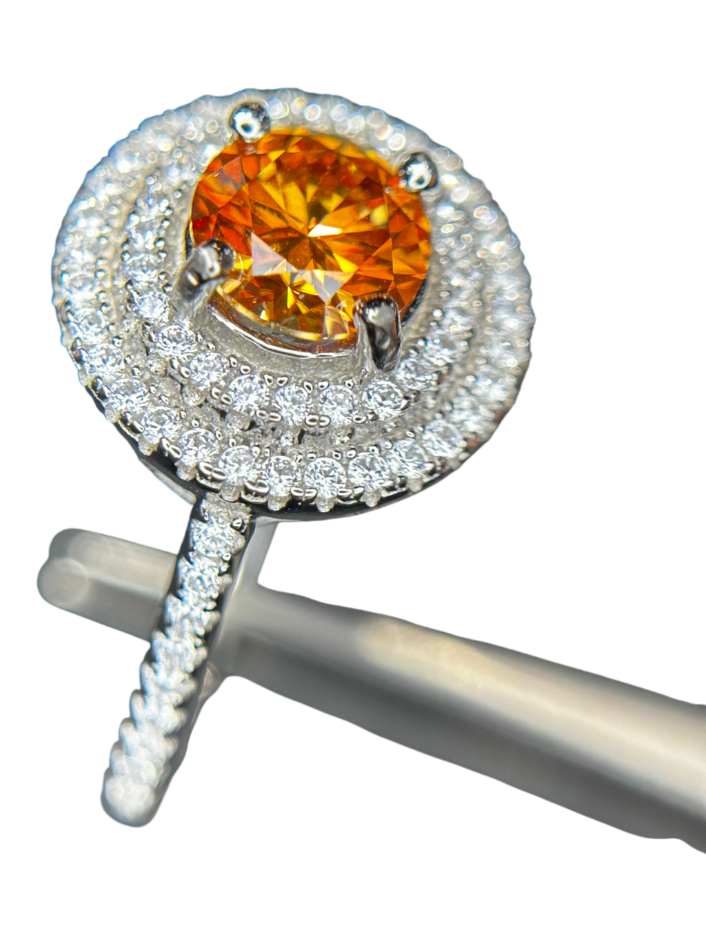 Fiery Halo: Orange Moissanite Double Halo Ring in 925 Silver
