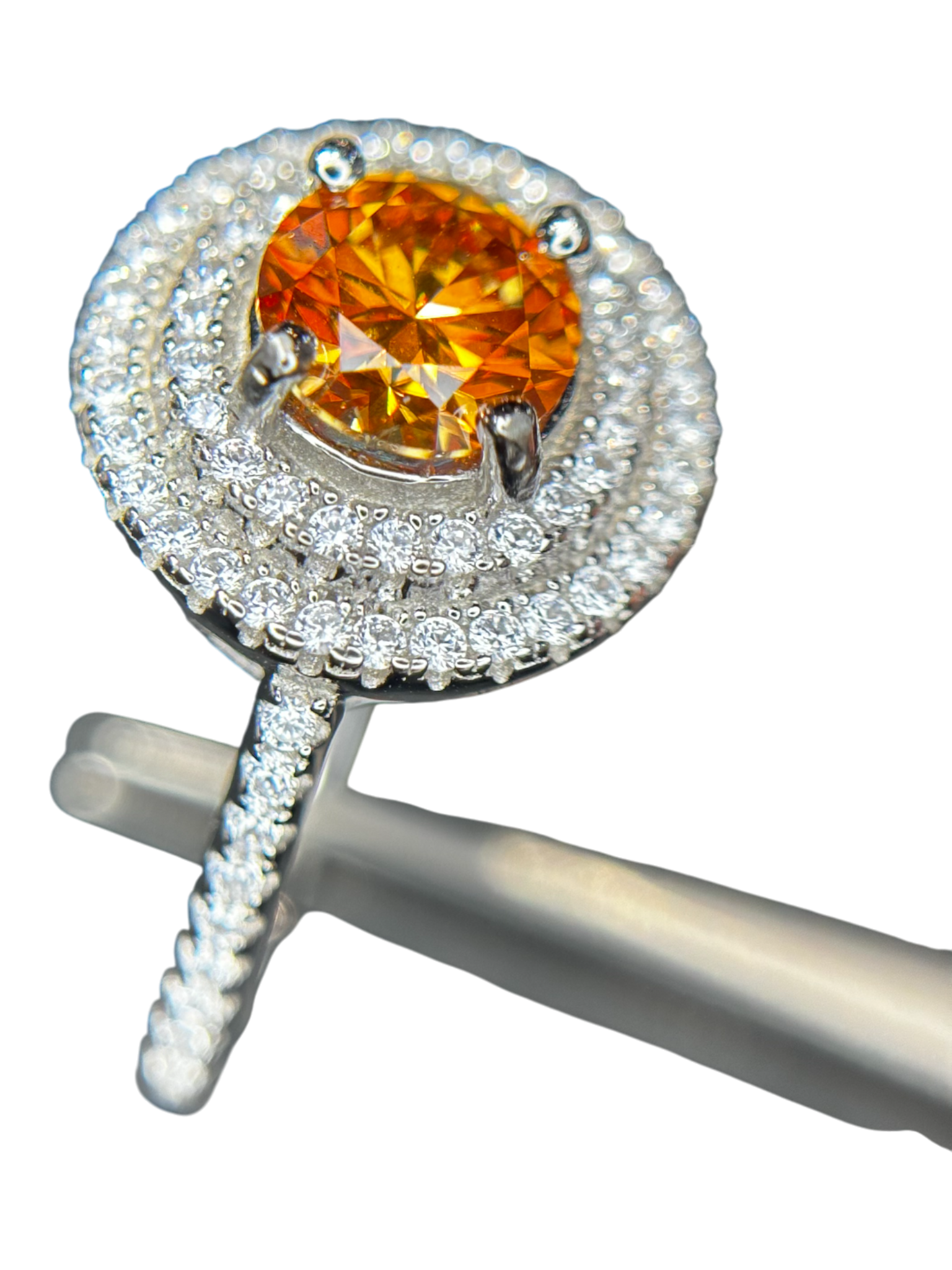 Fiery Halo: Orange Moissanite Double Halo Ring in 925 Silver