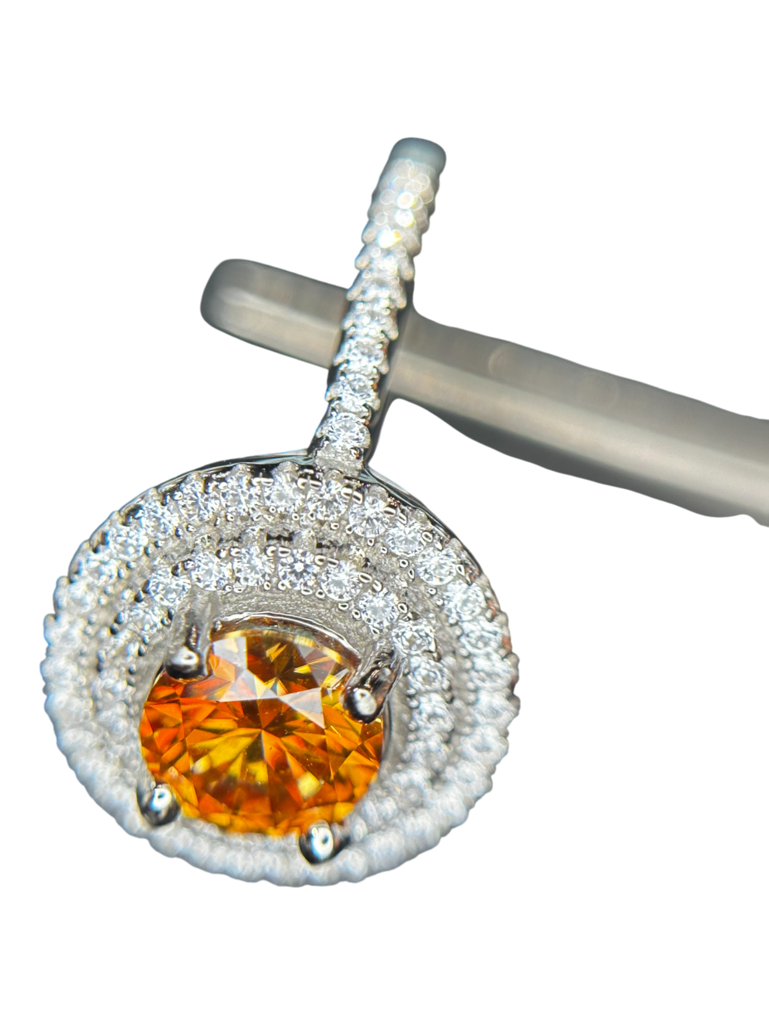 Fiery Halo: Orange Moissanite Double Halo Ring in 925 Silver