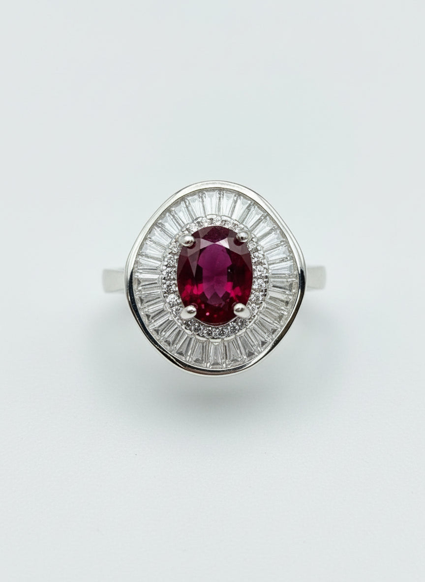 Vintage Grandeur: Natural Ruby & Baguette Halo Cluster Ring in 925 Silver