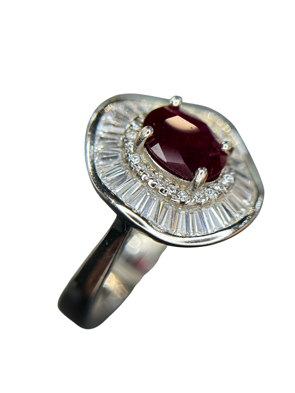 Vintage Grandeur: Natural Ruby & Baguette Halo Cluster Ring in 925 Silver