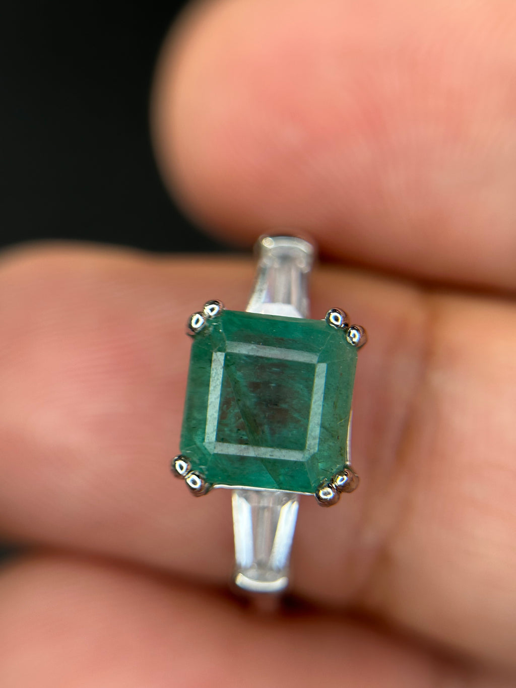 Classic Elegance: Natural Emerald-Cut Emerald Ring with Baguette Accents in 925 Silver