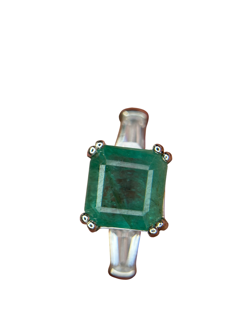 Classic Elegance: Natural Emerald-Cut Emerald Ring with Baguette Accents in 925 Silver