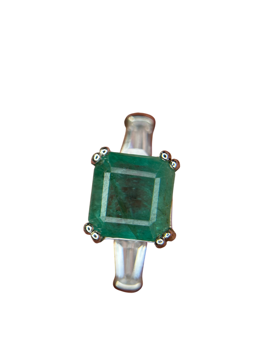Classic Elegance: Natural Emerald-Cut Emerald Ring with Baguette Accents in 925 Silver