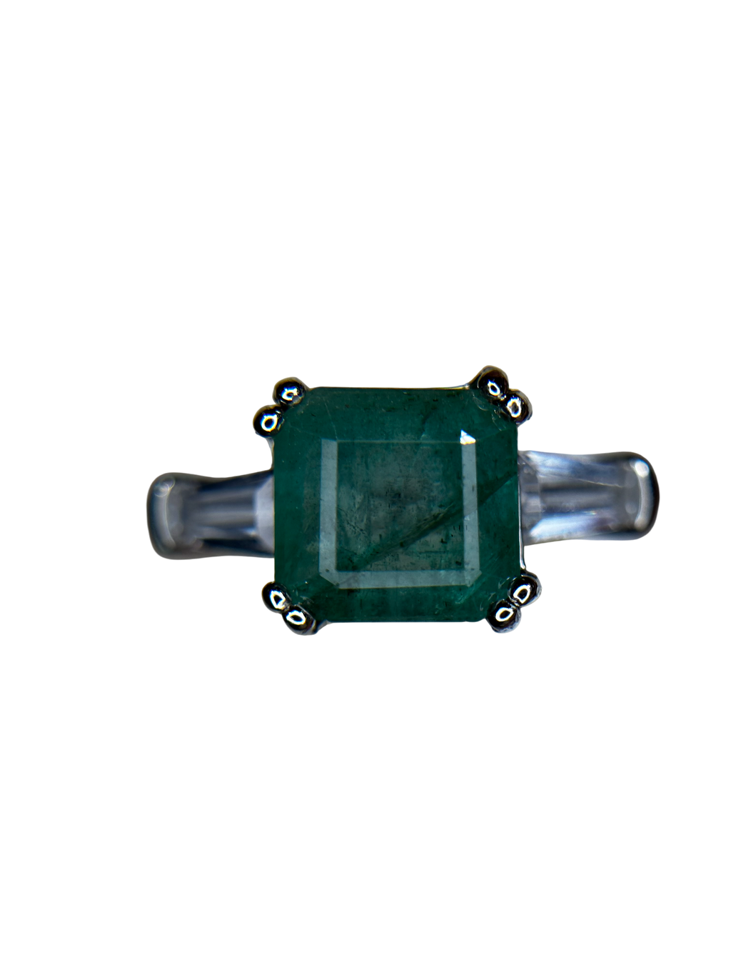 Classic Elegance: Natural Emerald-Cut Emerald Ring with Baguette Accents in 925 Silver