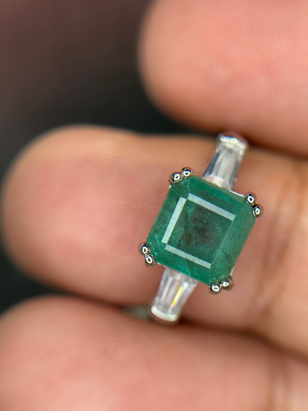 Classic Elegance: Natural Emerald-Cut Emerald Ring with Baguette Accents in 925 Silver