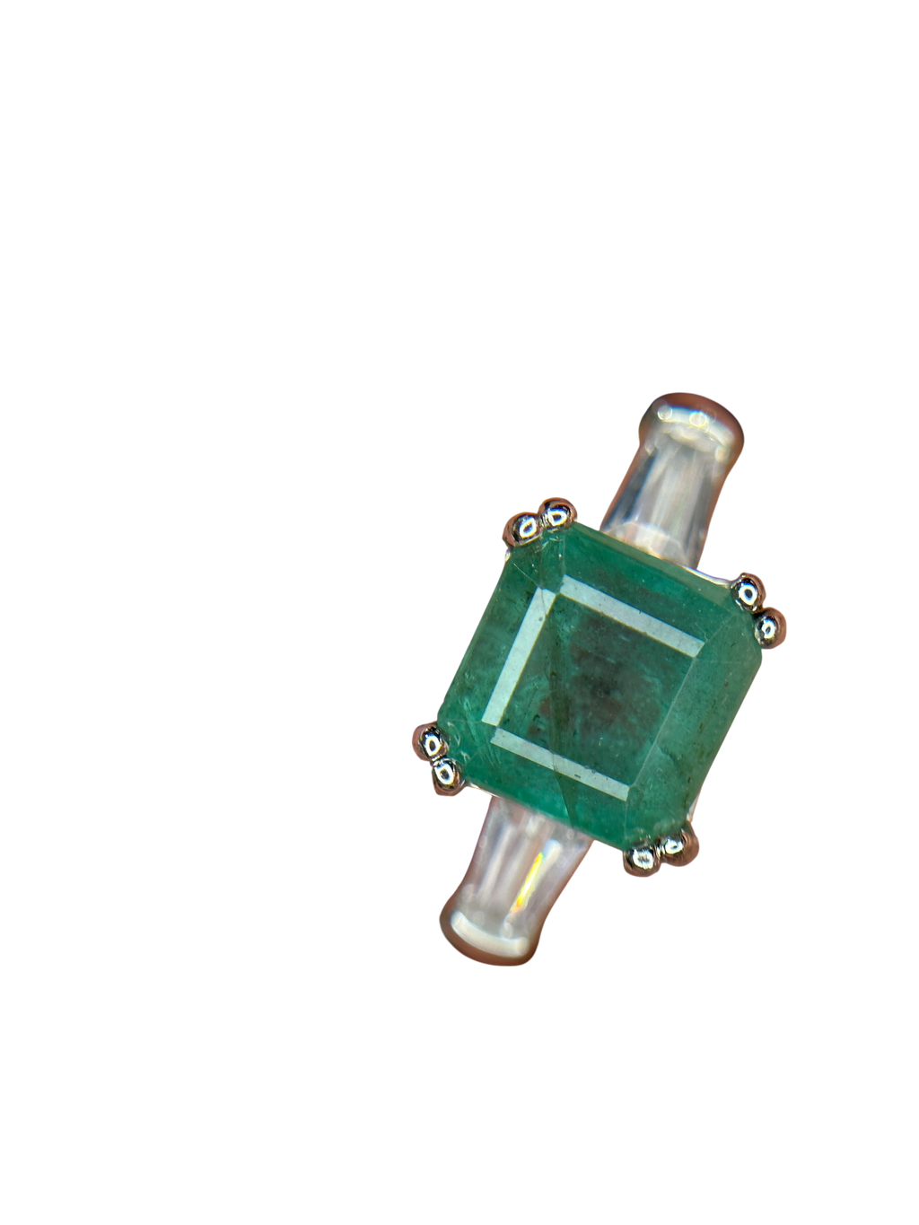 Classic Elegance: Natural Emerald-Cut Emerald Ring with Baguette Accents in 925 Silver