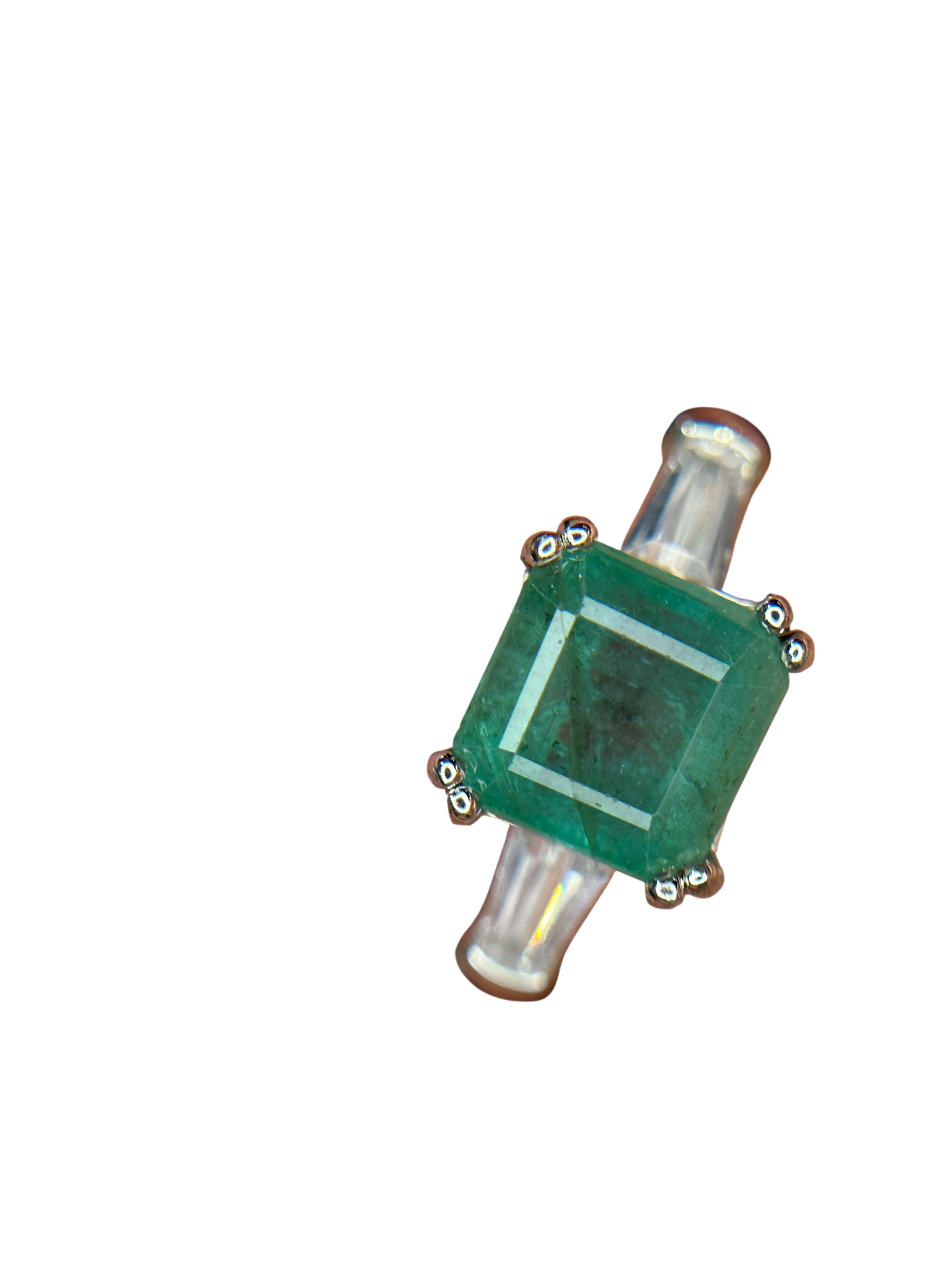 Classic Elegance: Natural Emerald-Cut Emerald Ring with Baguette Accents in 925 Silver