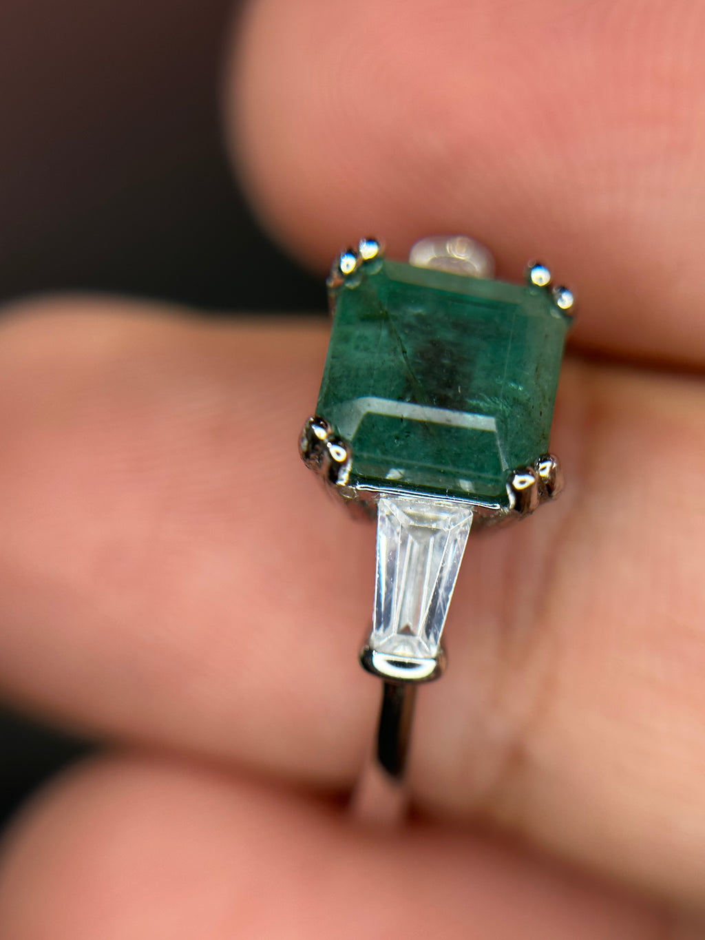Classic Elegance: Natural Emerald-Cut Emerald Ring with Baguette Accents in 925 Silver