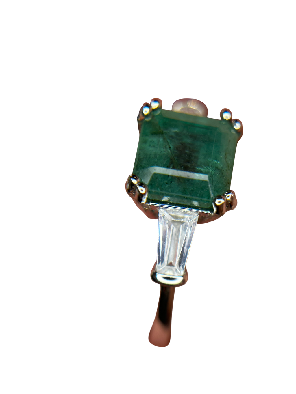 Classic Elegance: Natural Emerald-Cut Emerald Ring with Baguette Accents in 925 Silver